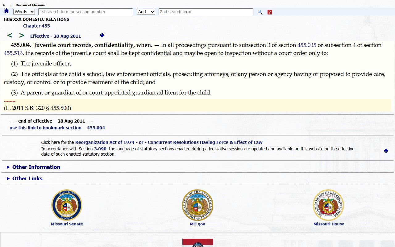 Gentry County court dockets Missouri juvenile protection order confidentiality statute source