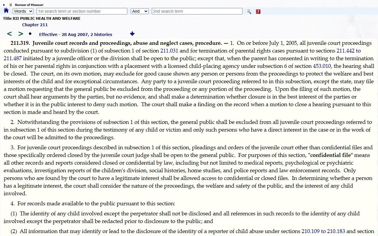 Gentry County court records Missouri juvenile record access statute source