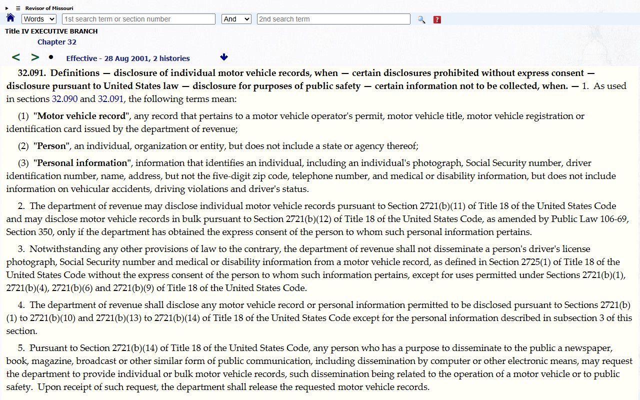 Gentry County traffic court records Missouri driver disclosure statute